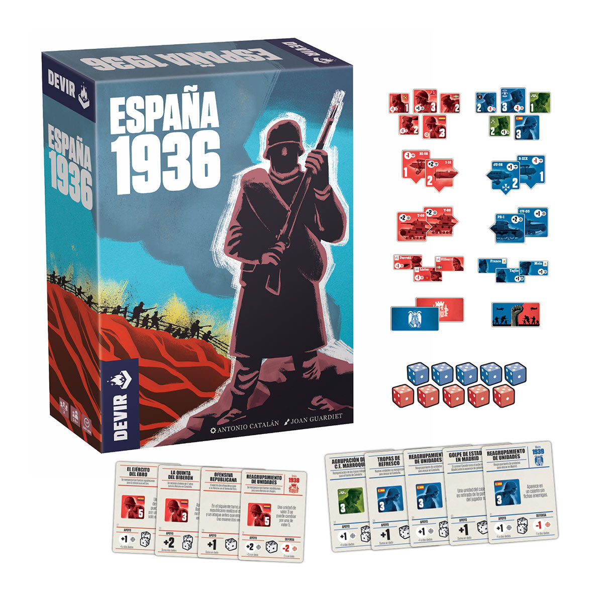 Board game packaging for 'España 1936' by Devir with components displayed.