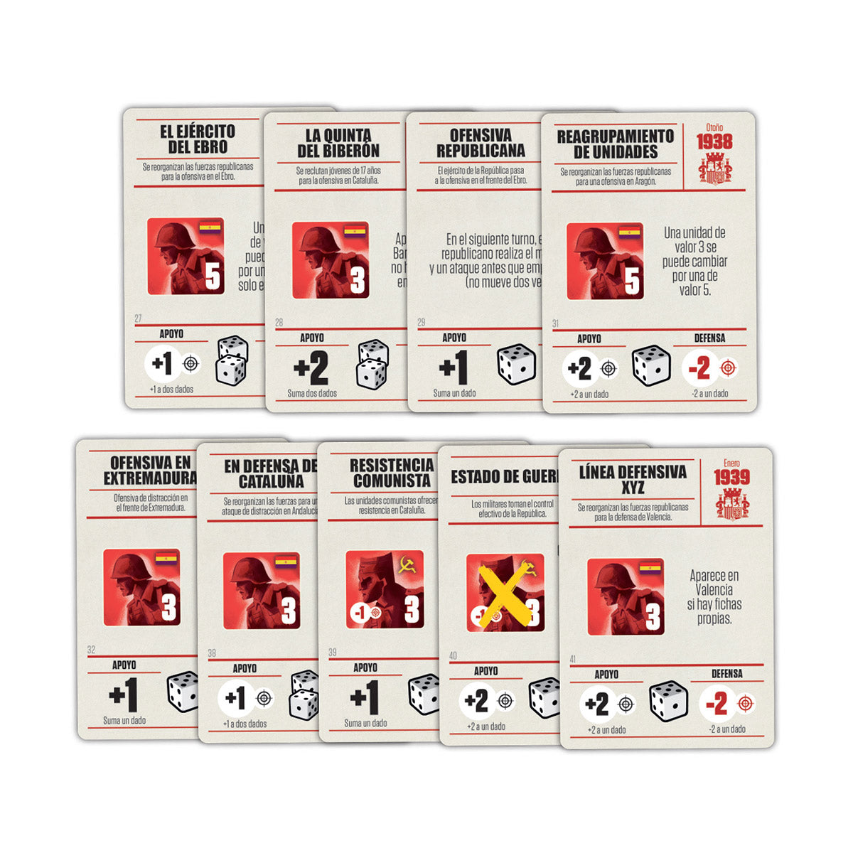 Set of historical strategy game cards with player icons and text on a white background