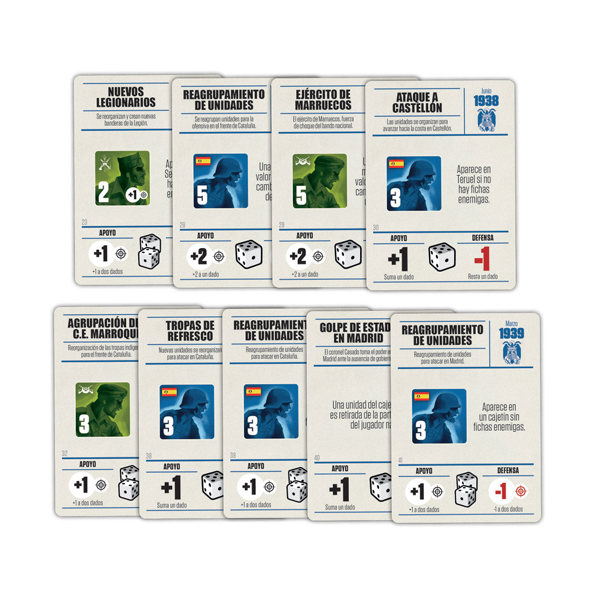 Collection of strategy game cards with various icons and text on a white background