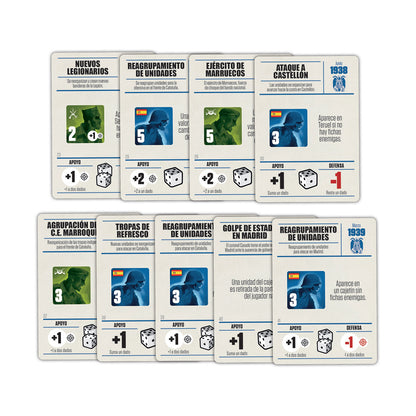 Collection of strategy game cards with various icons and text on a white background