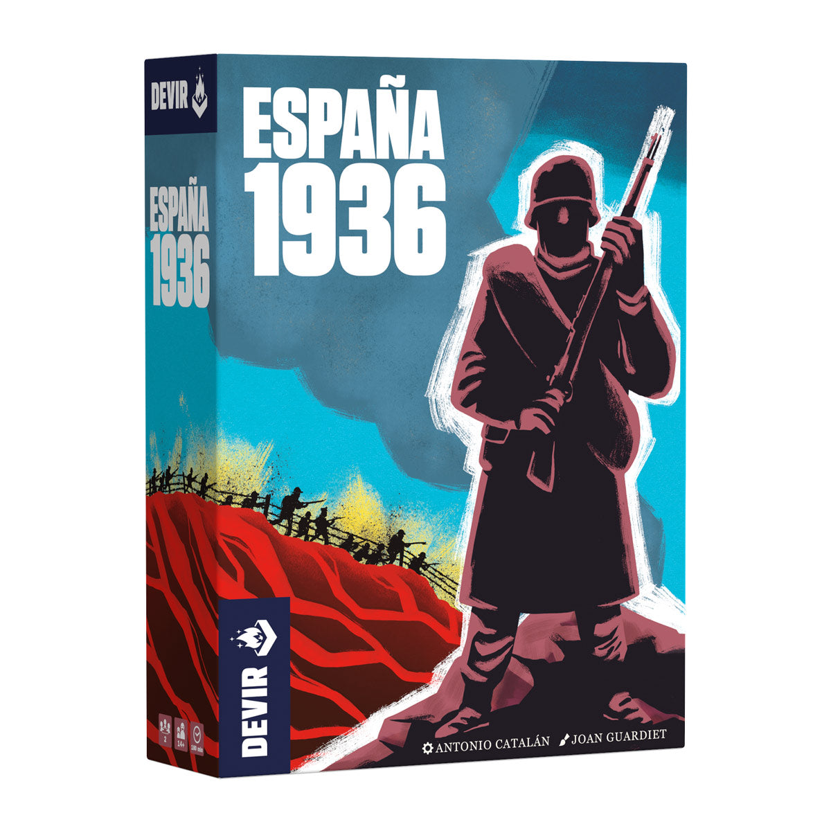 Board game box titled 'España 1936' by Devir with a soldier silhouette on a blue background.