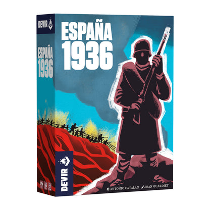 Board game box titled 'España 1936' by Devir with a soldier silhouette on a blue background.