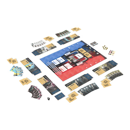 Board game components including cards and a board on a white background