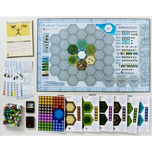 Dominant Species Board game components including a hexagonal game board, cards, and pieces on a white background
