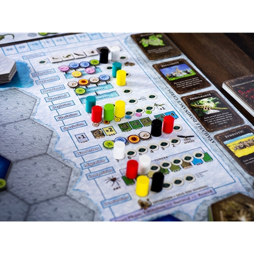 Dominant Species Board game with colorful tokens on a hexagonal grid