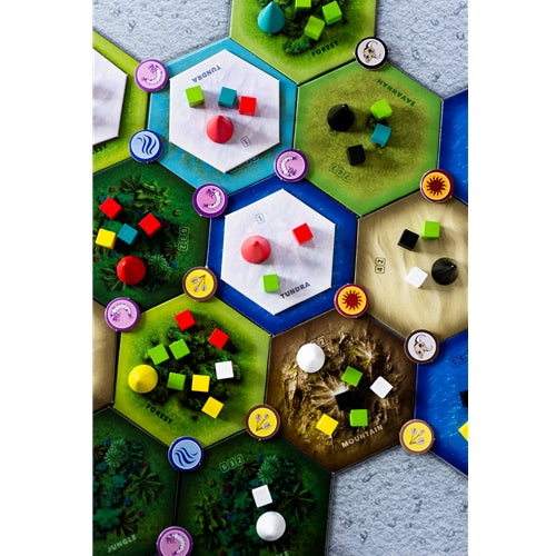 Dominant Species Board game with hexagonal tiles and colorful markers on a textured surface