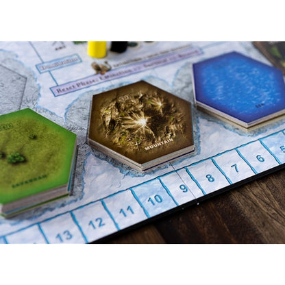 Dominant Species Hexagonal game pieces on a board with scenic designs