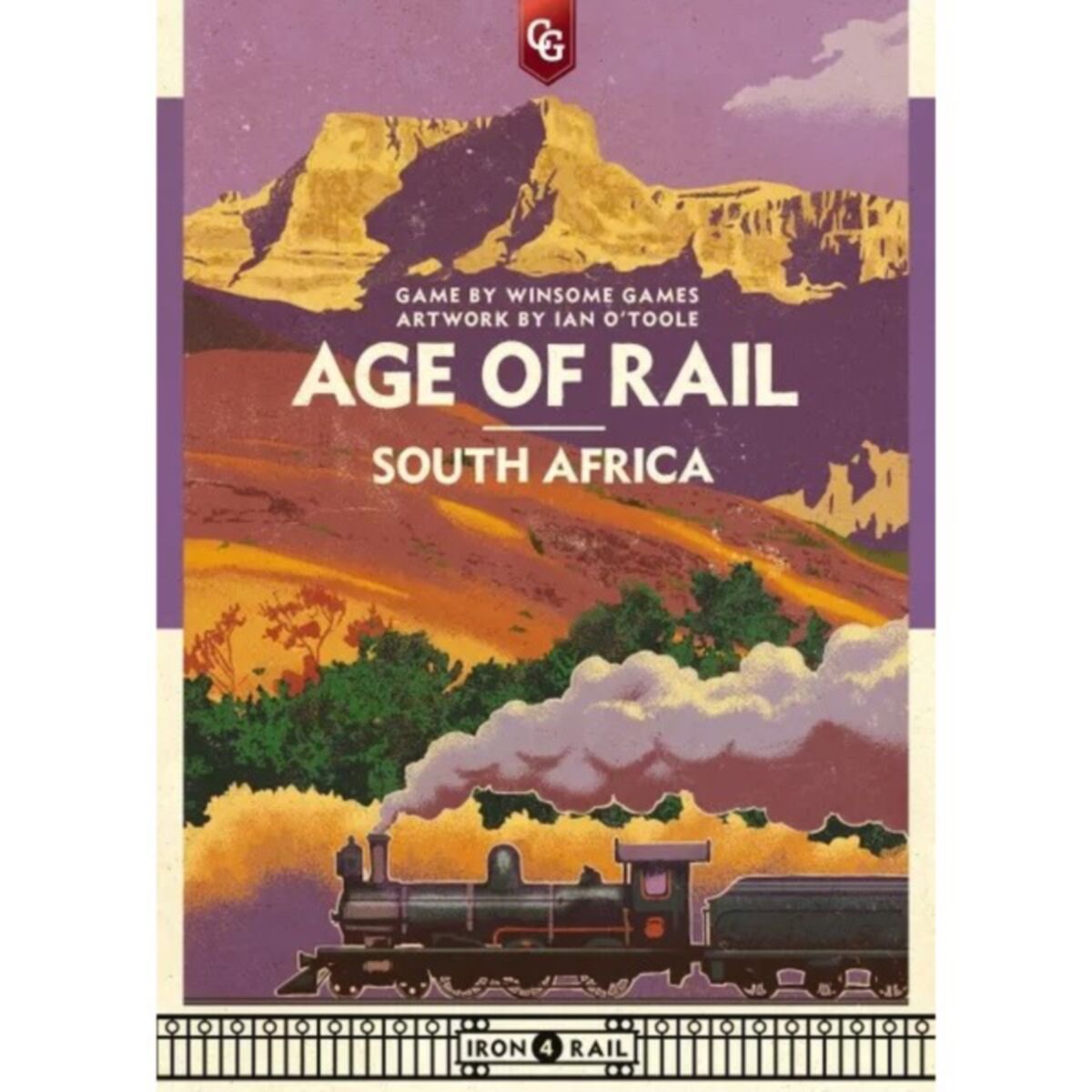 Game box cover of 'Age of Rail South Africa' with a train and landscape illustration.