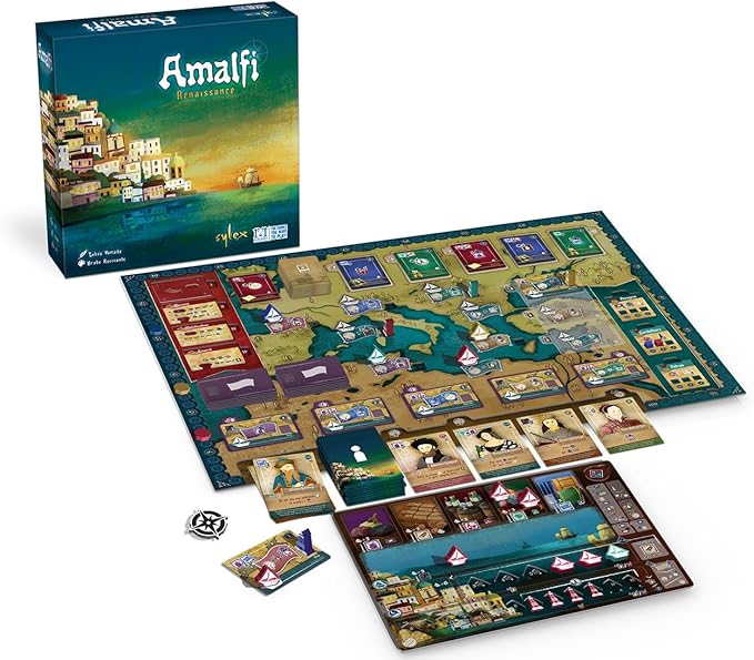 Board game 'Amalfi' with components and packaging on a white background