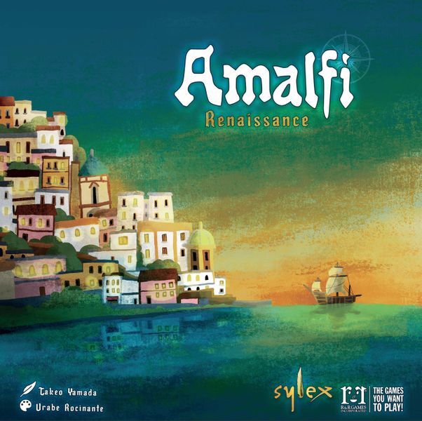 Board game cover of 'Amalfi Renaissance' with a coastal town and ship illustration.