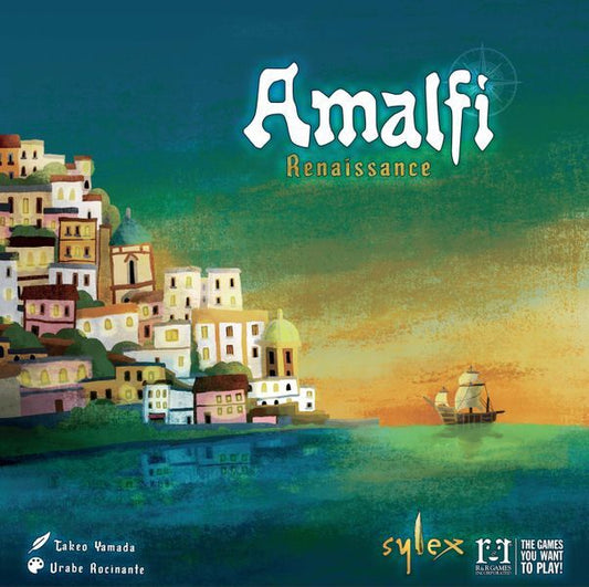 Board game cover of 'Amalfi Renaissance' with a coastal town and ship illustration.