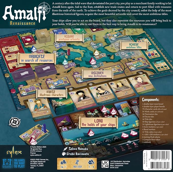 Amalfi Renaissance Board game packaging for 'Amalfi Renaissance' by Syllex with game components and rules.
