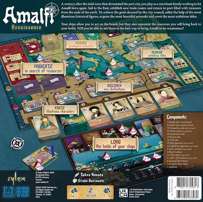 Amalfi Renaissance Board game packaging for 'Amalfi Renaissance' by Syllex with game components and rules.