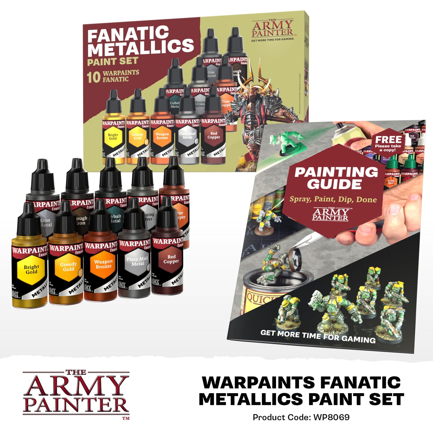 Warpaints Fanatic Metallics Paint Set with packaging and guide from The Army Painter on a white background.