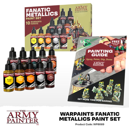 Warpaints Fanatic Metallics Paint Set with packaging and guide from The Army Painter on a white background.