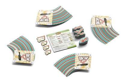 Bacon-themed party supplies including napkins, cards, and a menu on a white background