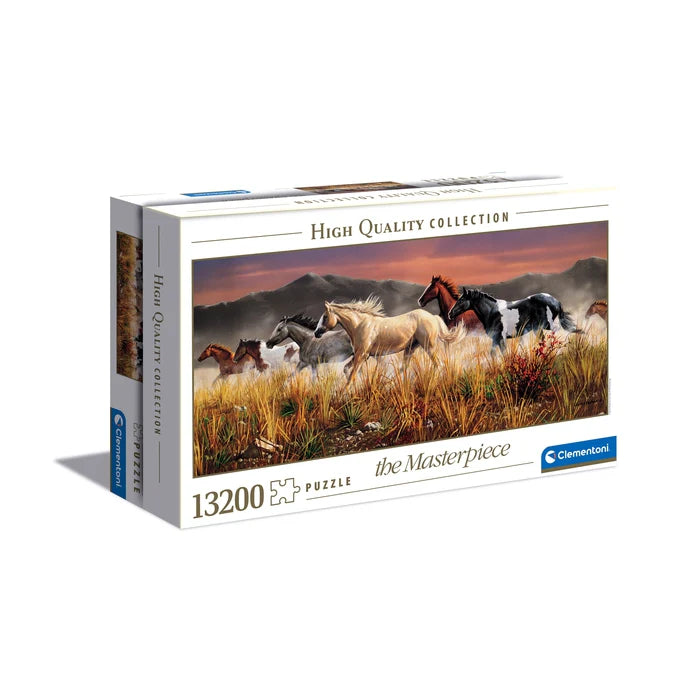 Jigsaw puzzle box with horses in a field design on a white background