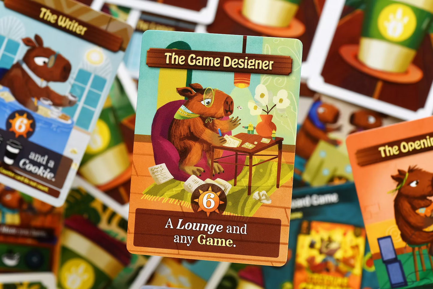 Cafe Baras Card from a board game set featuring characters and text