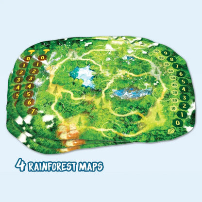 Canopy board game with Two rainforest maps with numbered paths on a light blue background