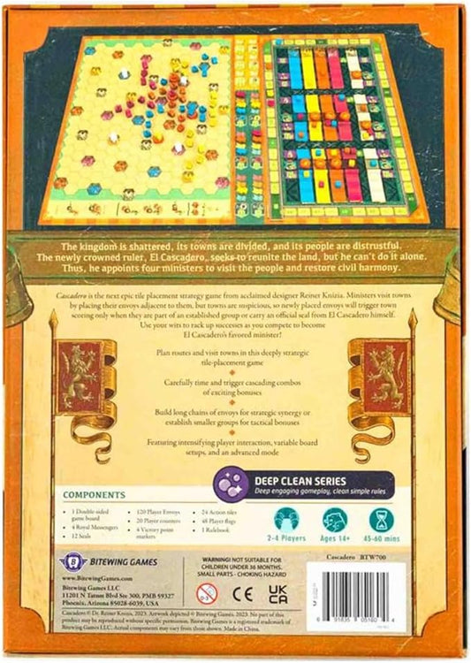 Back of a board game box with colorful game pieces and text for Cascadero