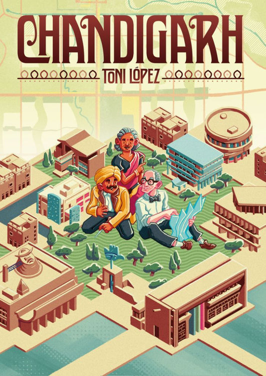 Illustrated board game cover of 'Chandigarh' featuring people and buildings.