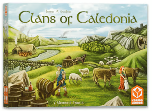 Board game box for 'Clans of Caledonia' with a scenic illustration of a rural landscape.