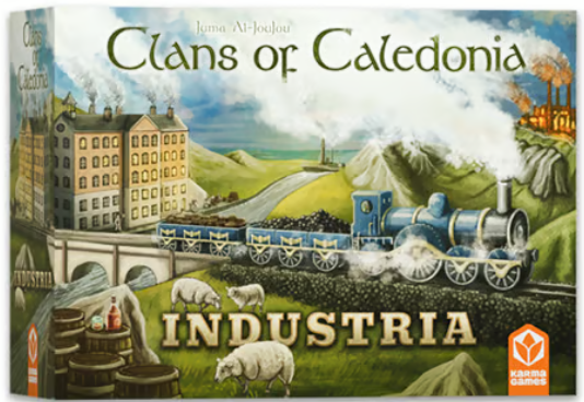 Board game box for 'Clans of Caledonia Industria' with a train and village scene.