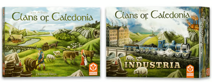 Two board game boxes titled 'Clans of Caledonia' with illustrations of landscapes and buildings.