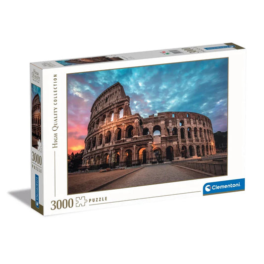 Jigsaw puzzle box featuring the Colosseum with a sunset sky, brand 'Clementoni' visible