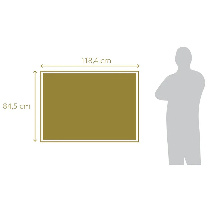 Measurement chart showing a gold rectangular object with dimensions and a silhouette of a person for scale.