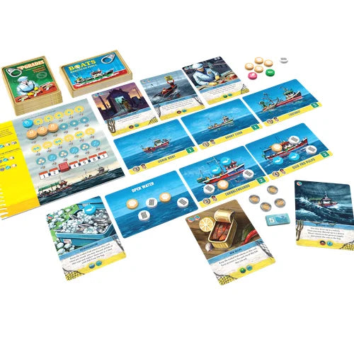 Board game Conservas components including cards and dice on a white background