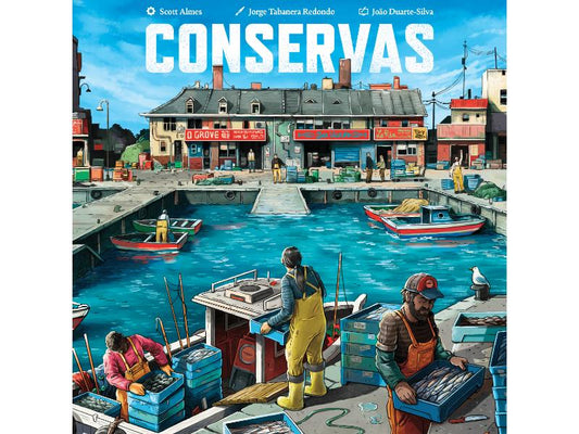 Book cover of 'Conservas' with a coastal scene and workers by a dock.