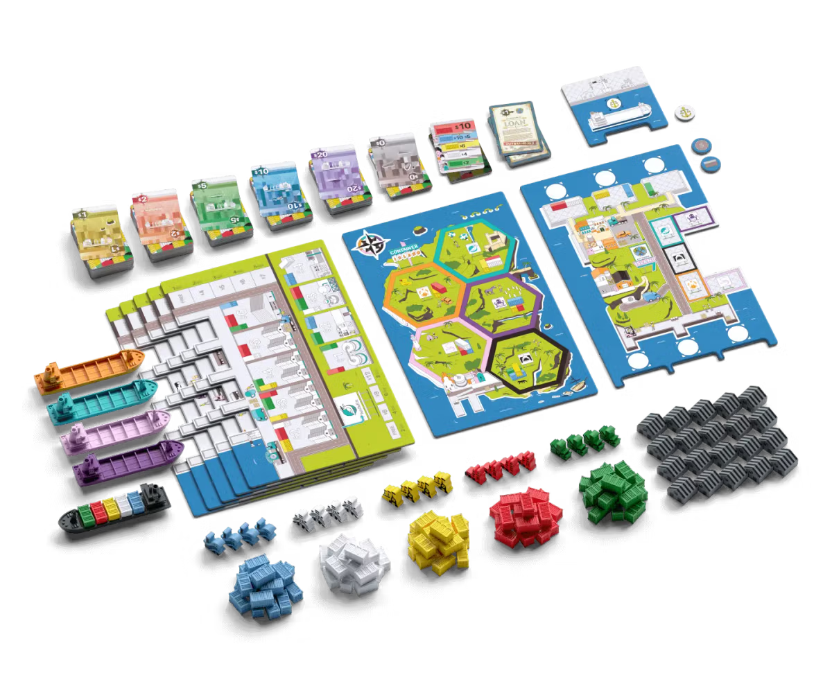 Container Board game components including tiles, cards, and pieces on a white background