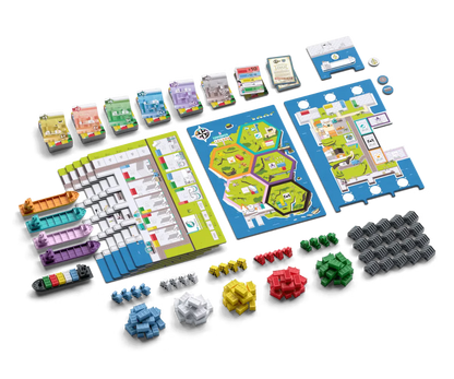 Container Board game components including tiles, cards, and pieces on a white background