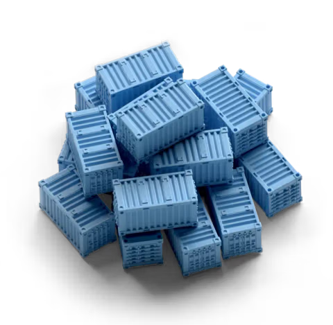 Pile of blue cargo containers on a white background