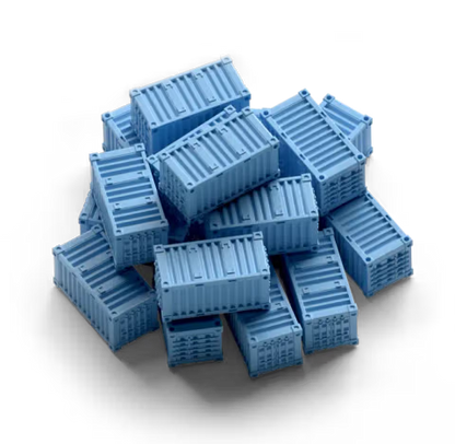 Pile of blue cargo containers on a white background
