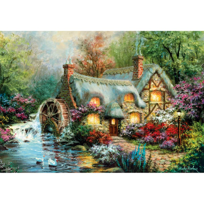 Painting of a quaint cottage with a watermill surrounded by nature