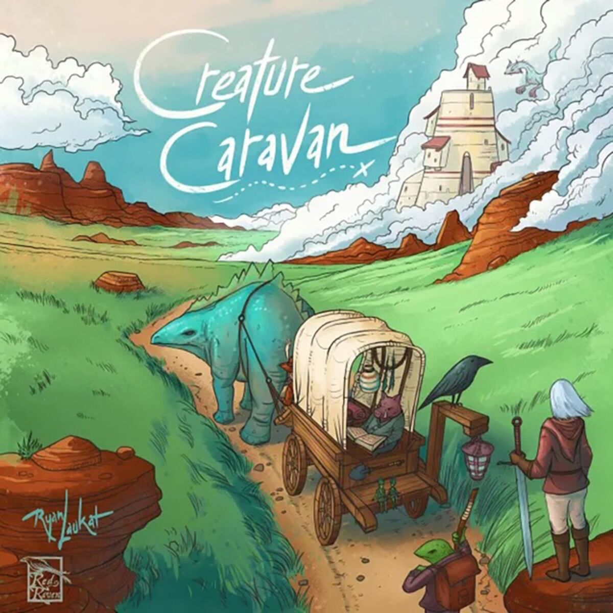 Creature Caravan Board Game box with Illustration of a creature and caravan in a desert landscape with mountains and clouds.