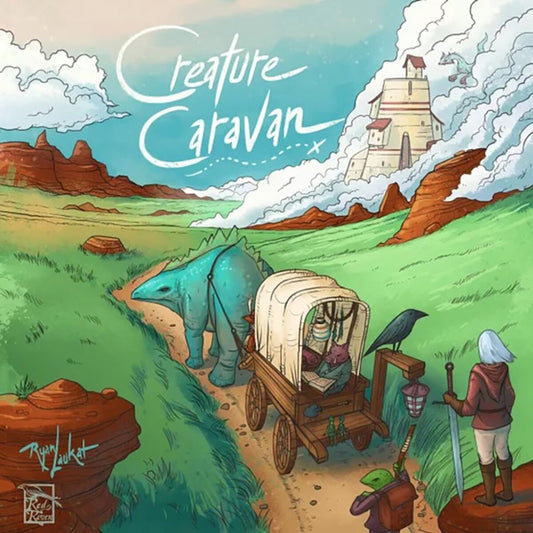 Creature Caravan Board Game box with Illustration of a creature and caravan in a desert landscape with mountains and clouds.