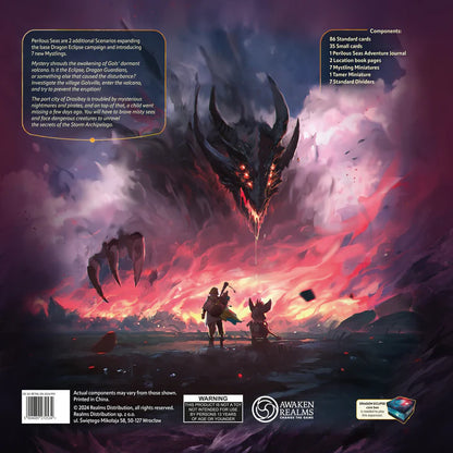 Fantasy game box cover with a dragon and characters in a dramatic landscape, featuring the brand 'Awaken Realms'.