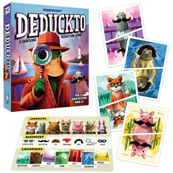 Deduckto deduction game box with cards featuring animal characters and game components.