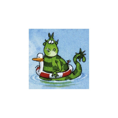 Degano United Dragons of Europe Cartoon dragon with a life preserver around its neck on a blue background