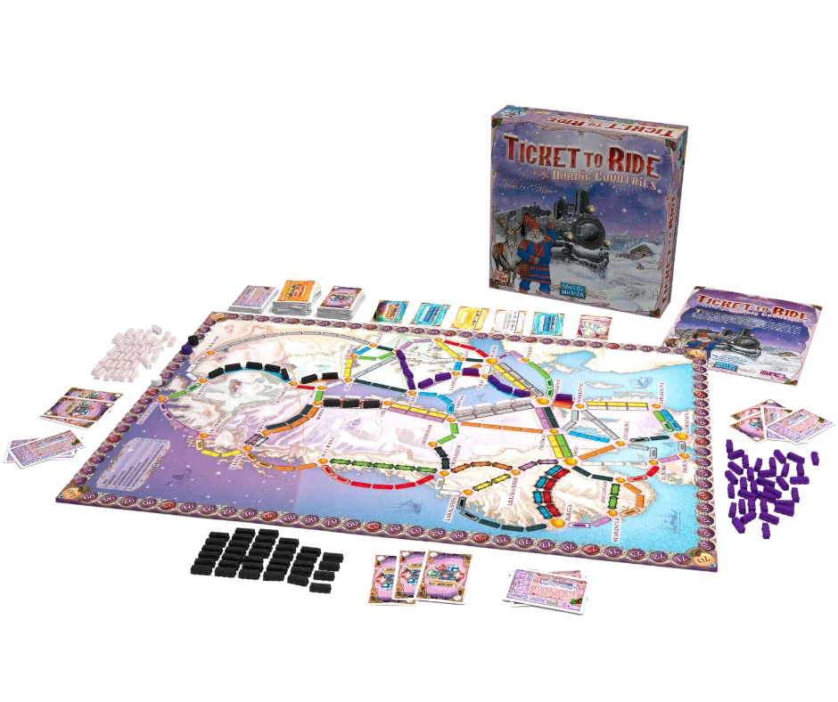 Board game set with 'Ticket to Ride' components on a white background