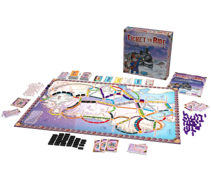 Board game set with 'Ticket to Ride' components on a white background