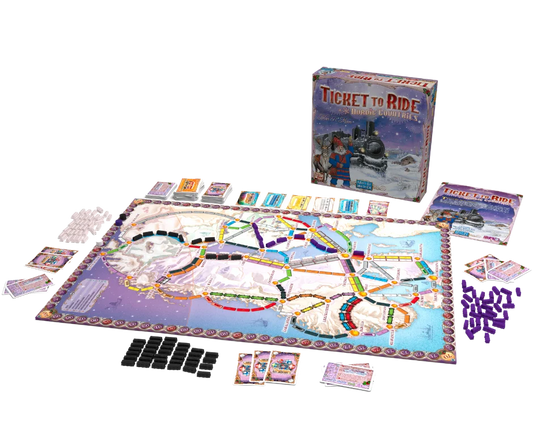 Board game set with 'Ticket to Ride' components on a white background