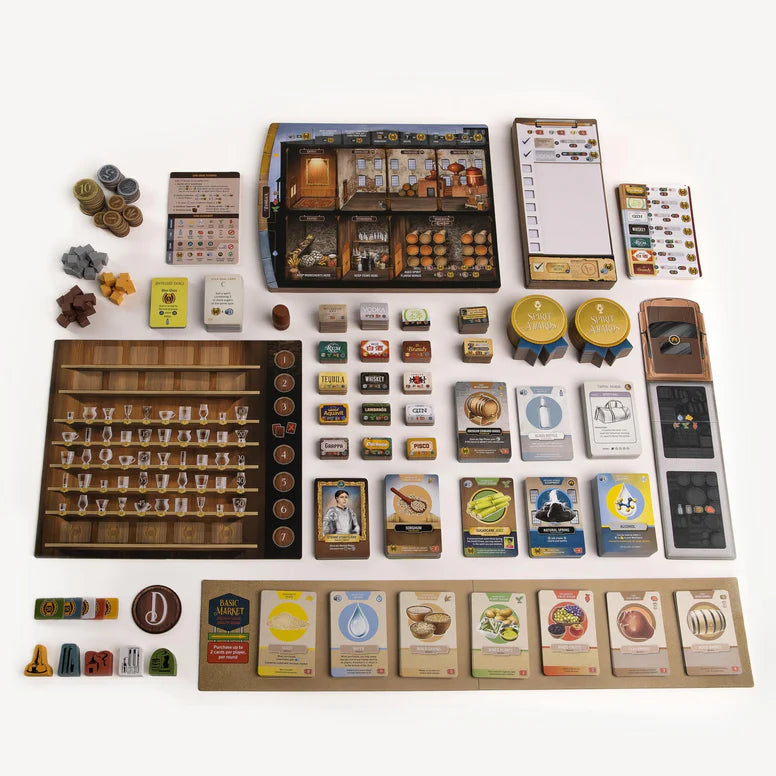 Distilled Collection of board game components including cards, dice, and board pieces on a white background