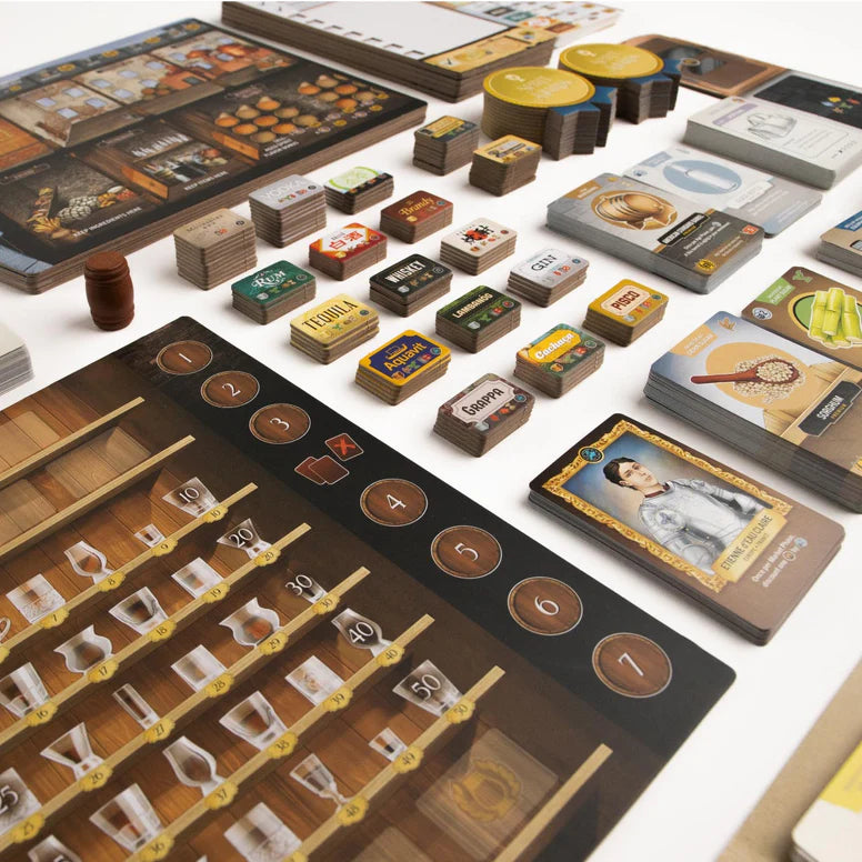 Distilled Board game components including cards, tokens, and a board on a white surface