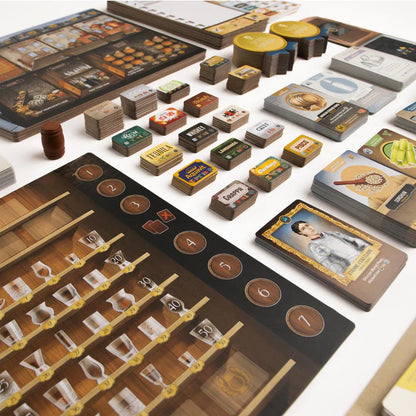 Distilled Board game components including cards, tokens, and a board on a white surface