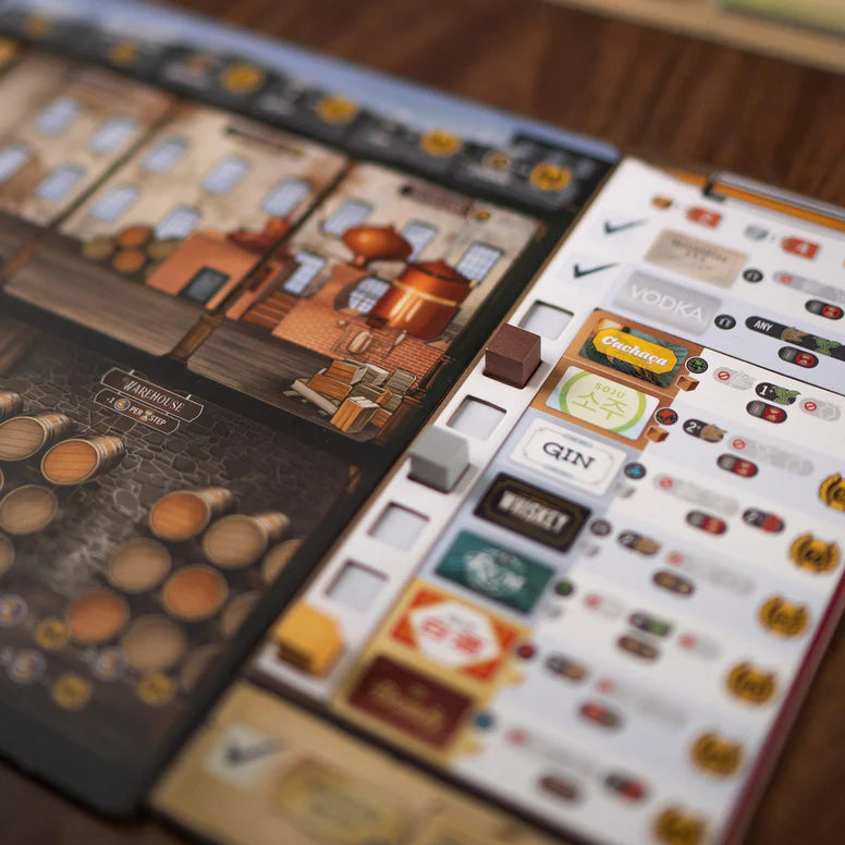 Distilled Close-up of a board game with various cards and pieces on a wooden surface