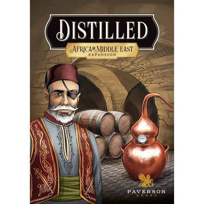 Game box for 'Distilled: Africa and the Middle East Expansion' by Paverson Games with a character and distillation apparatus illustration.